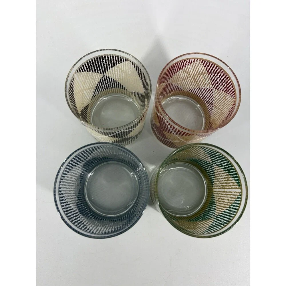 Vintage Rocks Glasses Set of 4 Mid Century Barware Diamond Plaid Harlequin